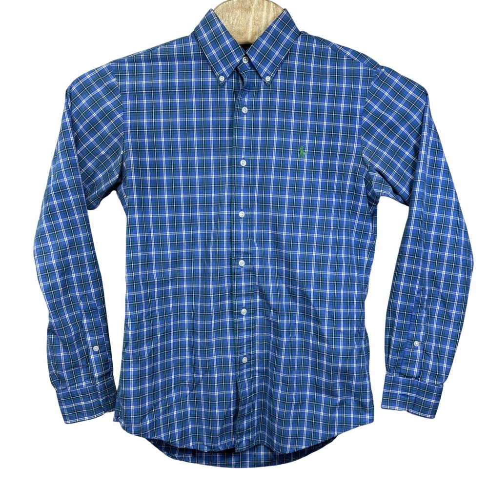 Vintage Ralph Lauren Shirt Small Blue Plaid Long Sleeve Custom Fit Button Down